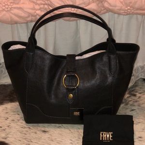 Black leather frye over the shoulder purse